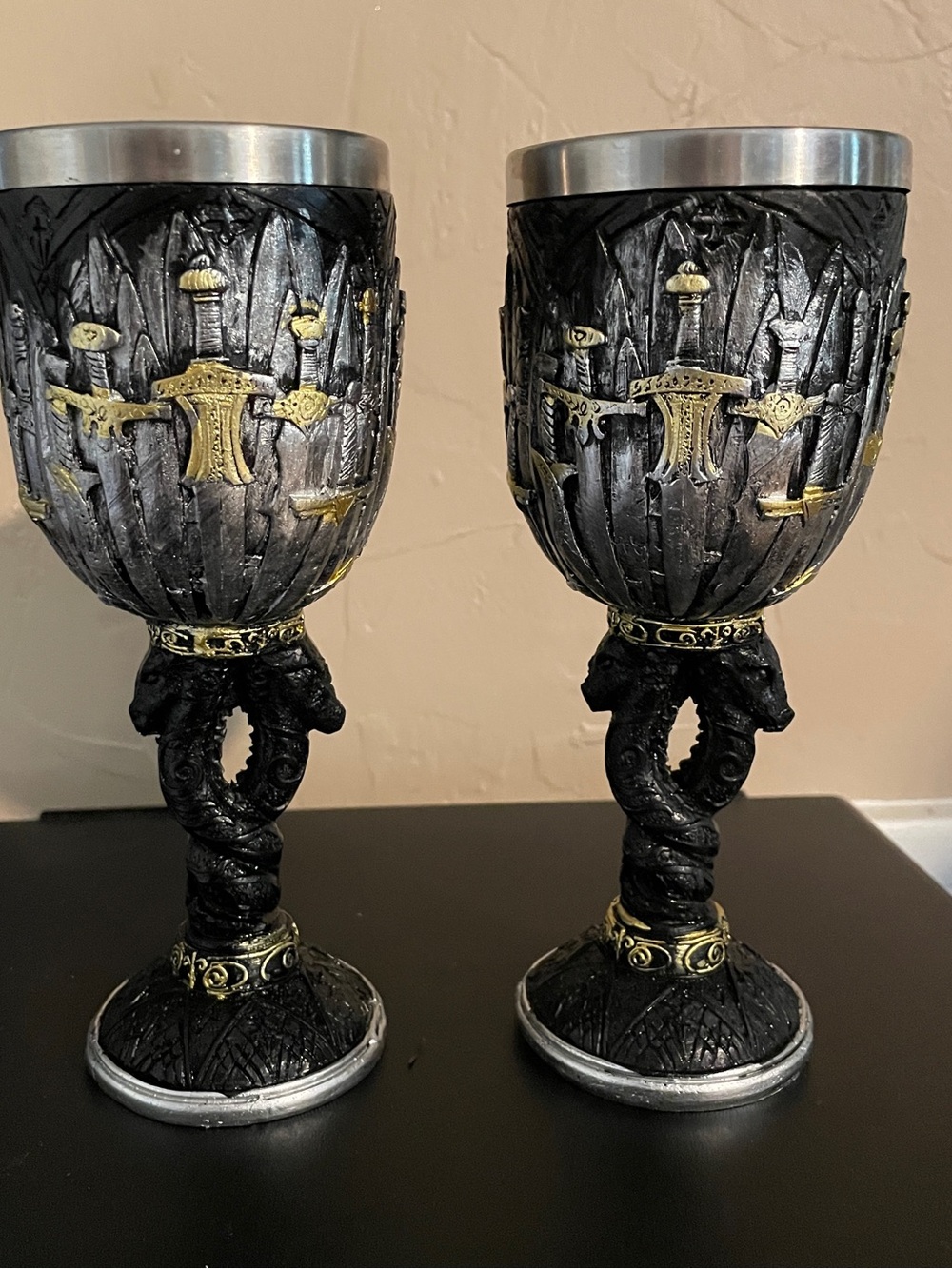 Medieval Sword Goblet Pair - Black and Gold Decorative Chalices